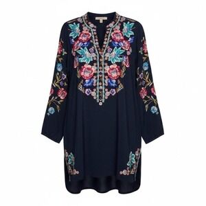 Johnny Was Silk Embroidered Floral Tunic Top Peasant Festival Boho Artisanal